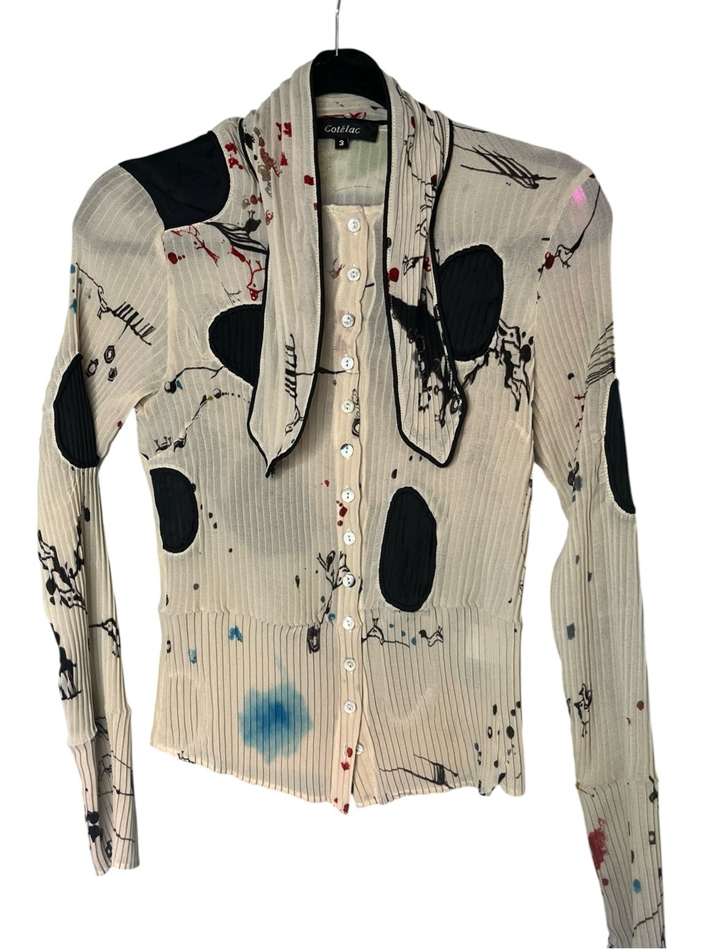 Cotélac Abstract Print Tie Neck Ribbed Sheer Blouse Size 3 Designer Art Top